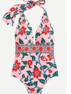 J. Crew Plunging Halter One-Piece Swimsuit Pink Floral Block 4